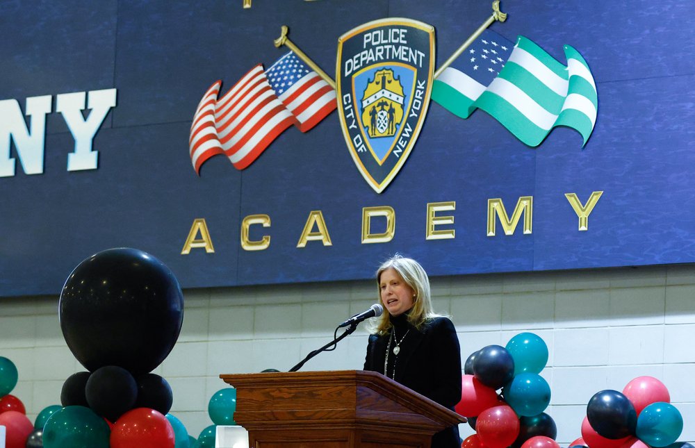 NYPD Commissioner Jessica Tisch speaks as she attends the New York City Police Department Guardians Association's Black History Month celebration.