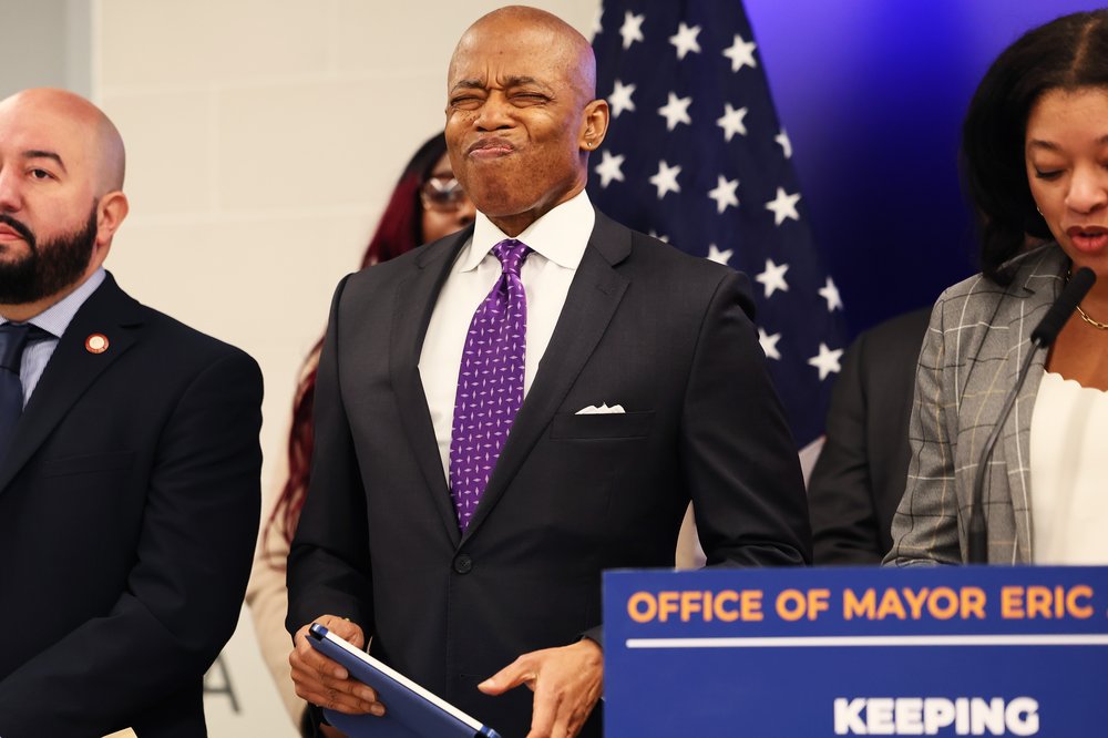 Mayor Eric Adams makes a face like he sucked on a bad lemon.