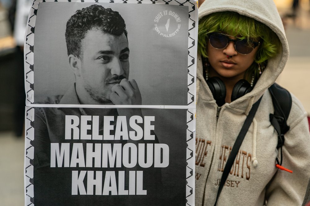 Protestors gather to demand the release of Mahmoud Khalil at Foley Square on March 10, 2025 in New York City.