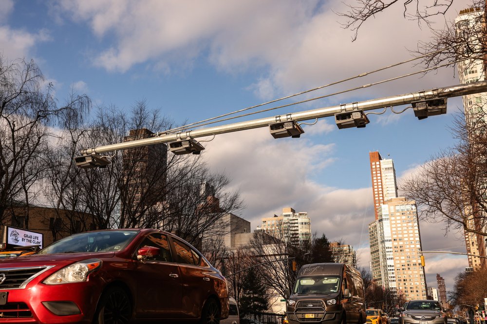 High-tech cameras used to tolling drivers traveling below 60th street as part of the congestion pricing initiative, seen on Columbus Avenue in Manhattan on Jan. 3, 2025.