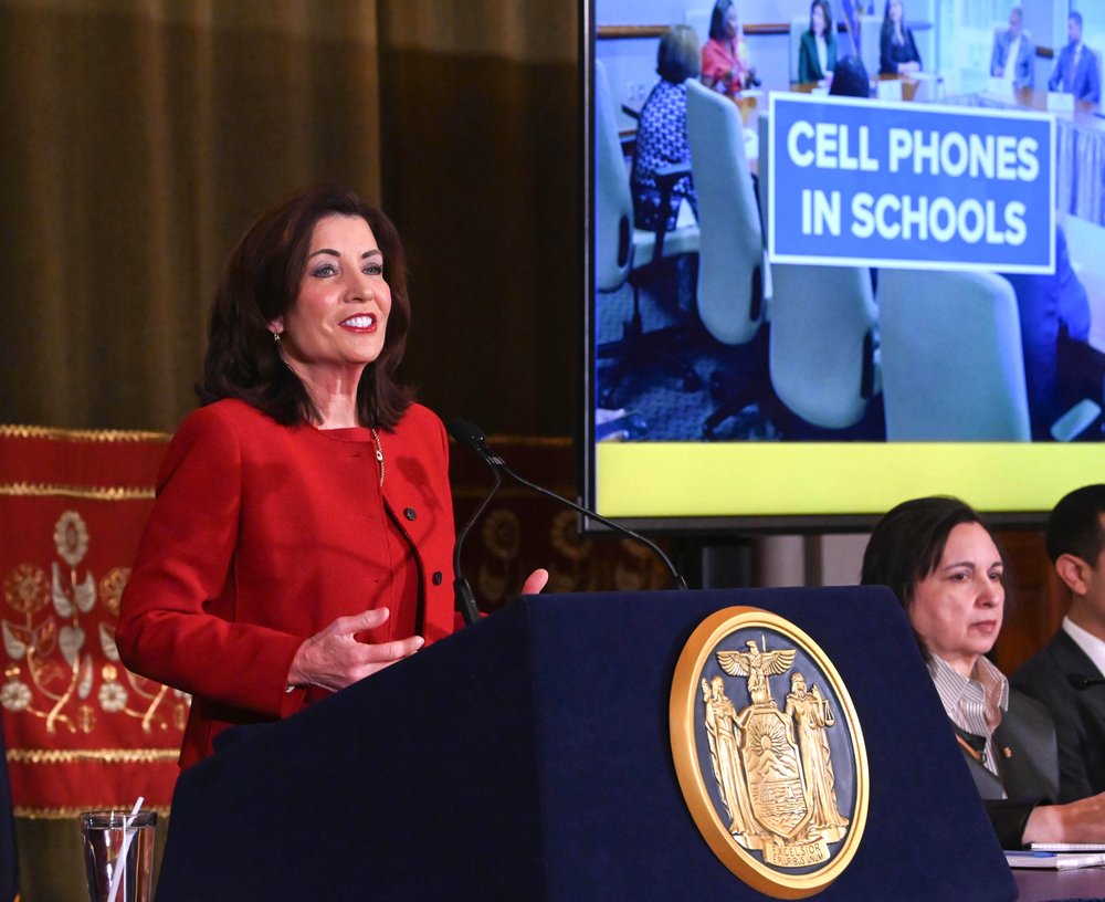 Gov. Kathy Hochul speaks about cell phones in schools while presenting her fiscal year 2026 executive budget in Albany on Jan. 21, 2025.