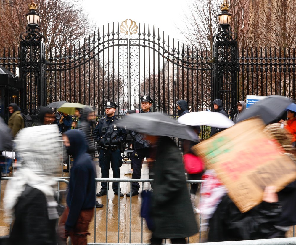 NYPD officers guard during a protest outside Columbia University on March 24, 2025 in New York City