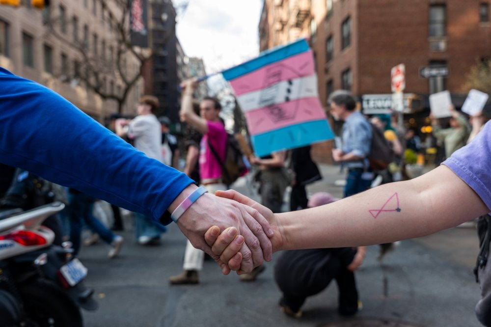 People march through Manhattan on Trans Day of Visibility (TDOV) on March 31, 2025 in New York City.