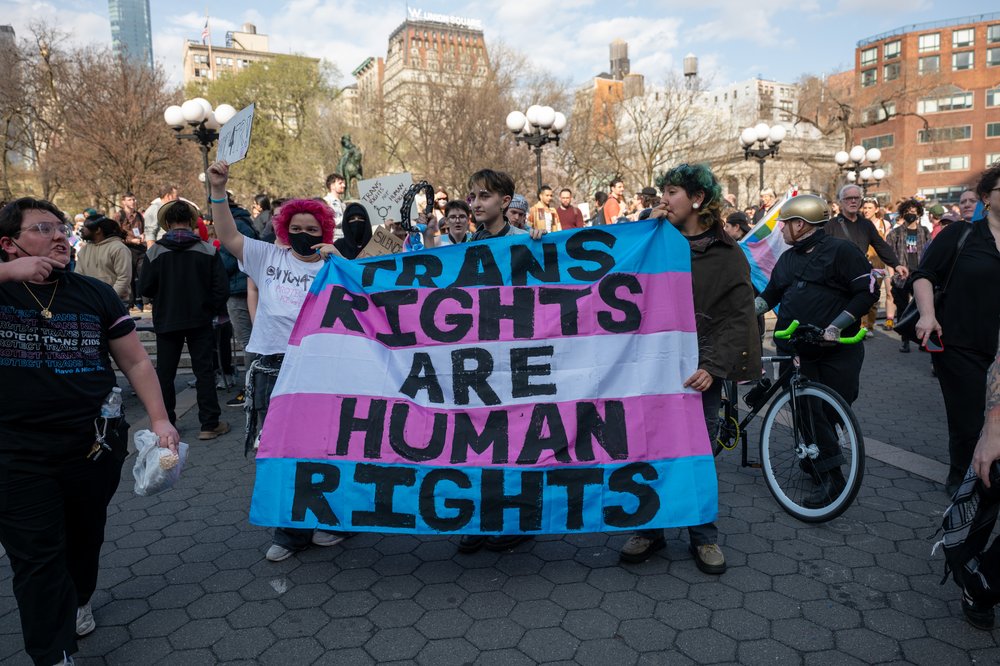 People march through Manhattan on Trans Day of Visibility on March 31, 2025 in New York City.