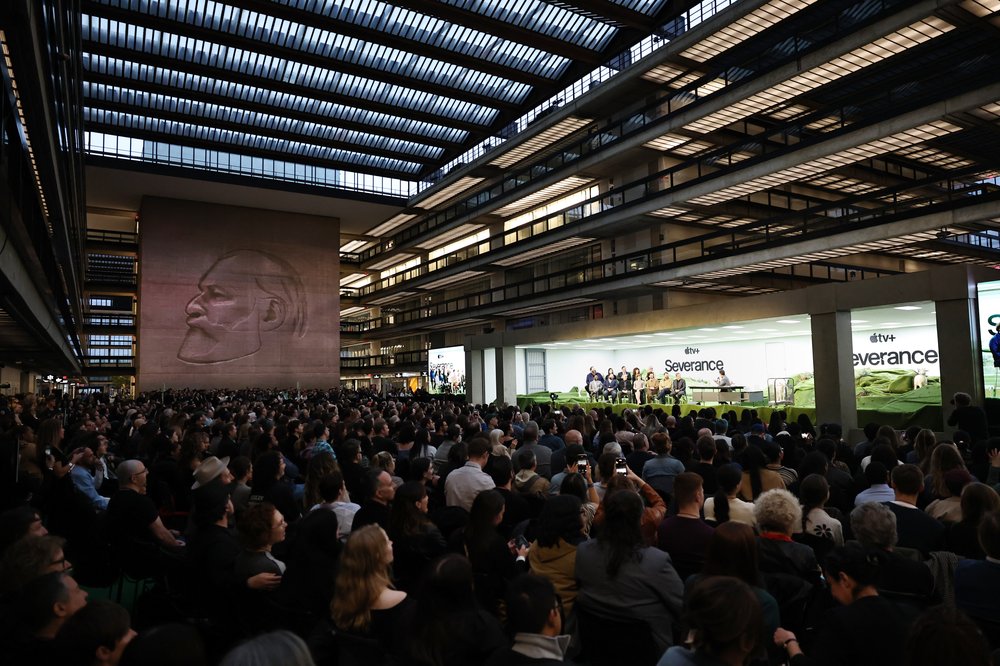 The cast and crew of Apple TV's "Severance" gathered at one of its film locations in Holmdel, New Jersey in April.