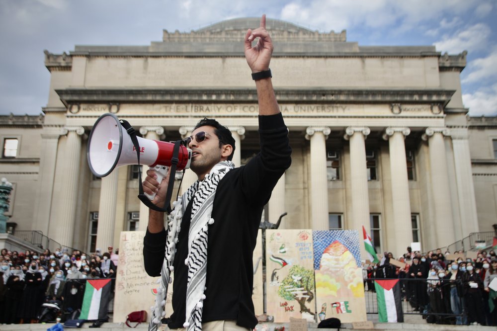 Mohsen Mahdawi speaks at a protest on the Columbia University campus on Nov. 9, 2023, in New York City. Mahdawi, a Columbia University student and green card holder, was arrested in Vermont by immigration officials on April 14, 2025.