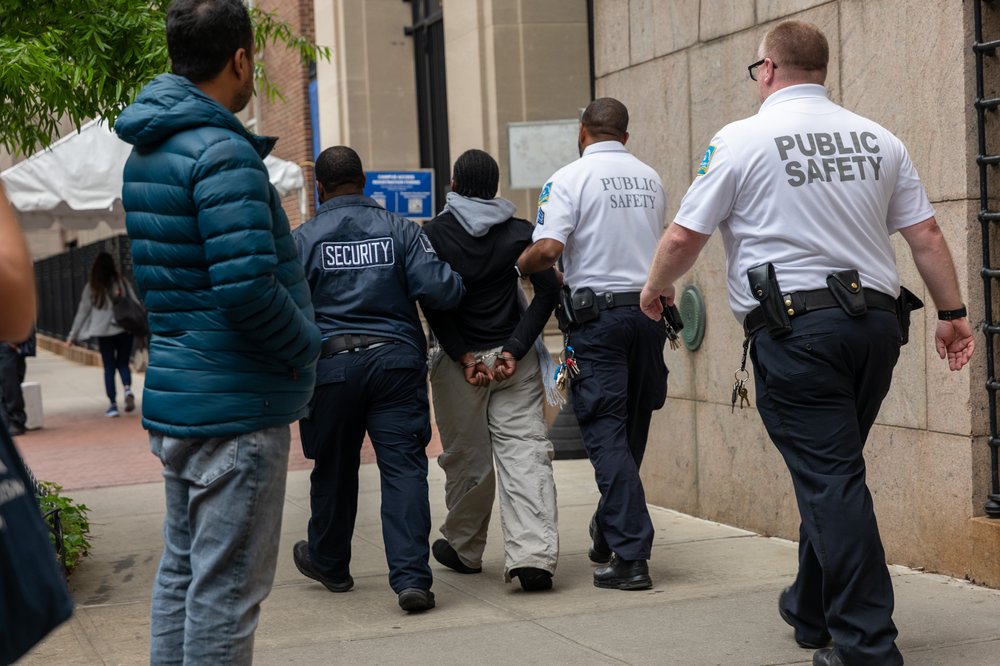 A person is detained outside of Columbia University's Butler Library after pro-Palestinian protesters occupied the space on May 7, 2025 in New York City.