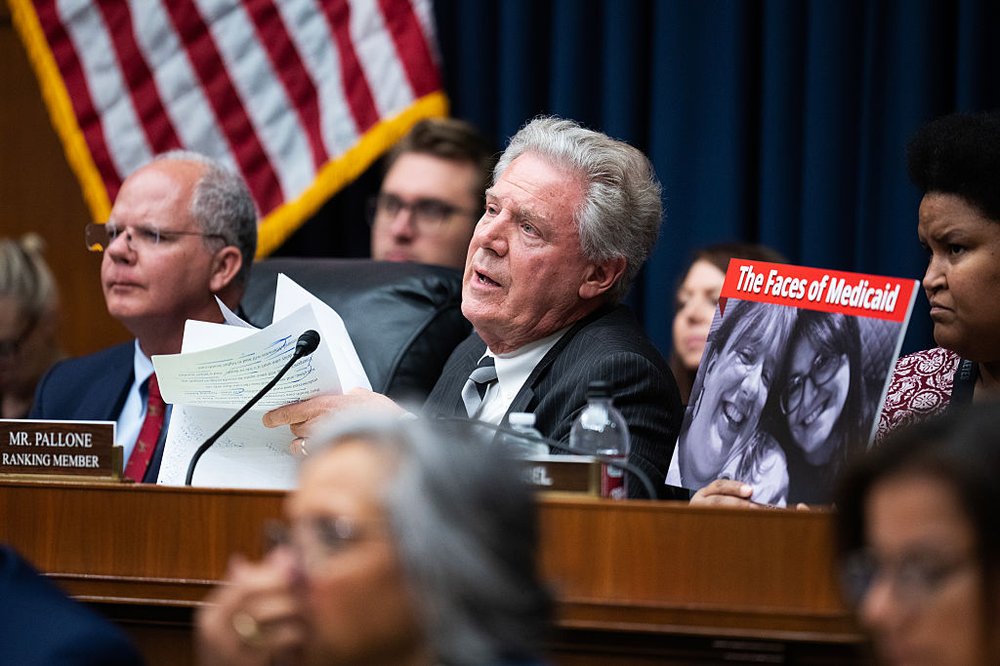 Ranking member Rep. Frank Pallone, D-N.J., center, and Chairman Brett Guthrie, R-Ky., left, conduct the House Energy and Commerce markup of the FY2025 budget resolution in Rayburn building on Tuesday, May 13, 2025.