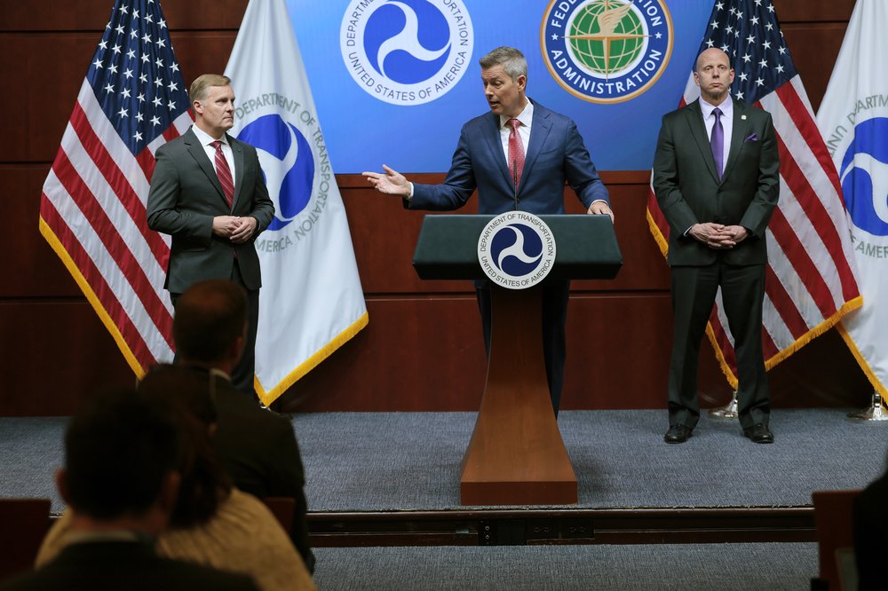 U.S. Transportation Secretary Sean Duffy addresses reporters during a news conference on May 12, 2025.