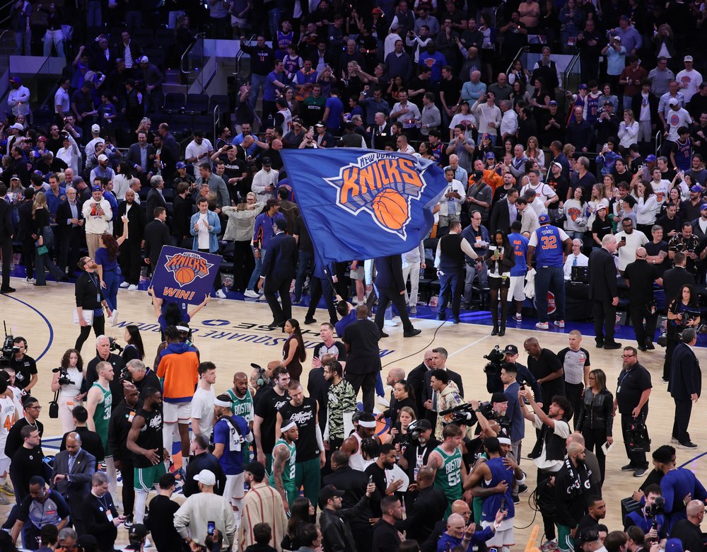 New York Knicks win and advance as they defeat the Boston Celtics in Game 6 of the Eastern Conference Semifinals at Madison Square Garden in New York, New York on May 16, 2025.