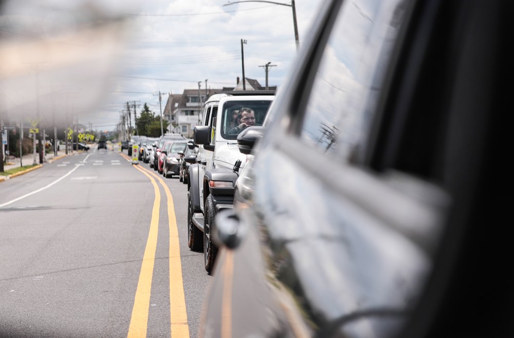 Cars line up in traffic on May 25, 2025 in Point Pleasant, New Jersey.
