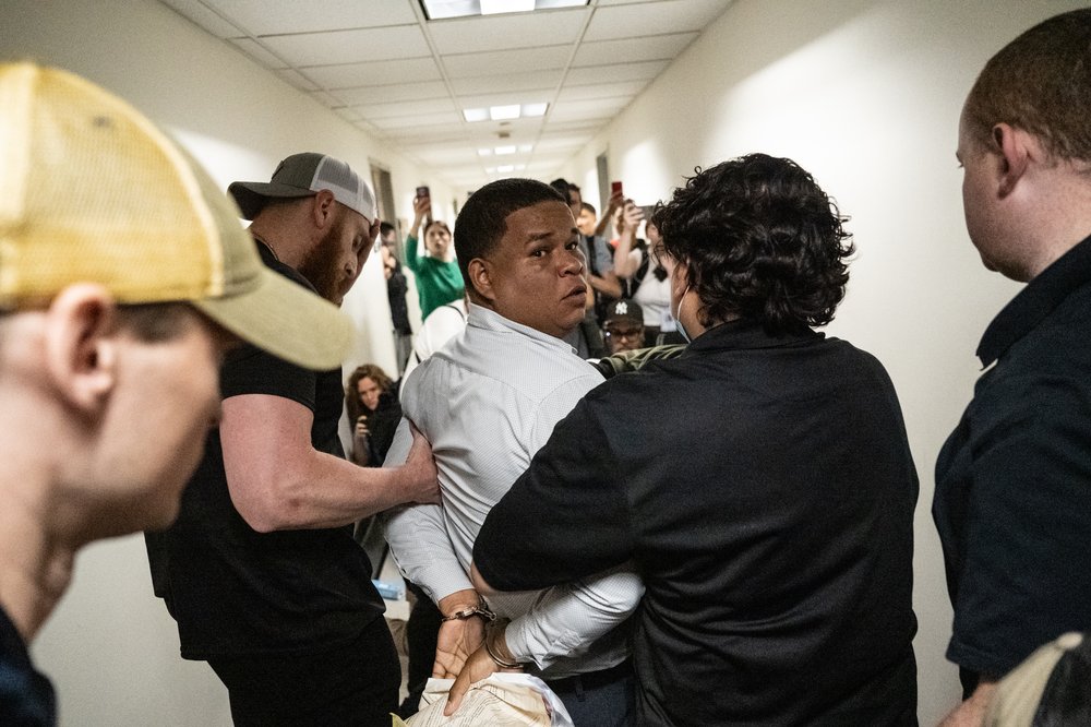n immigrant is detained by ICE agents as he exits an immigration courtroom hearing at the Jacob K. Javitz Federal Building, 26 Federal Plaza, in Manhattan, on June 6, 2025.