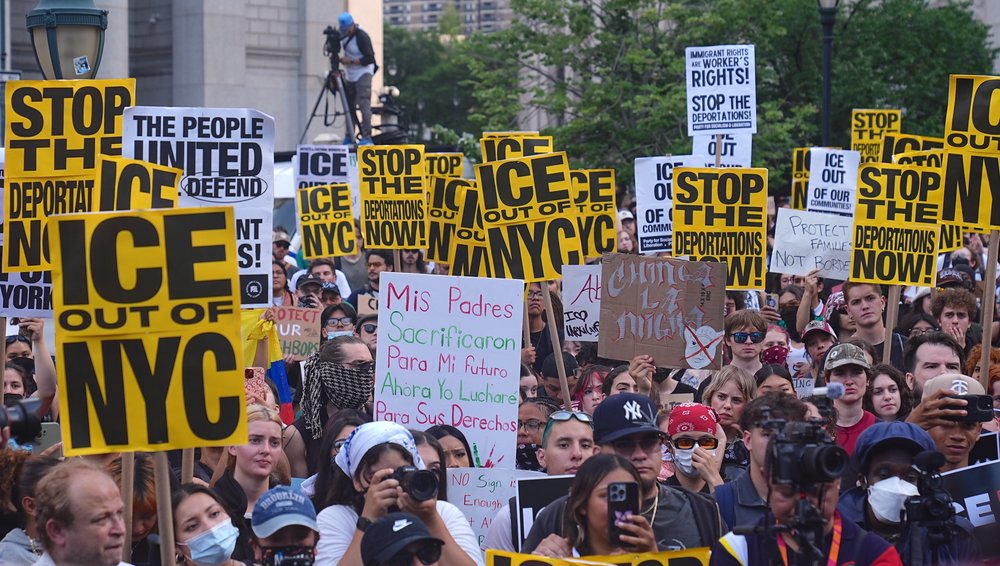 Protesters against Immigration and Customs Enforcement (ICE) policies gathered in Foley Square before marching to the Federal Plaza, blocking streets and chanting slogans against ICE June 11, 2025, in New York City, United States.