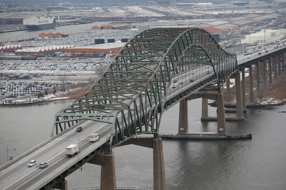 Newark Bay Bridge as seen from the window of a helicopter in 2014. An engineering report found the aging bridge could be rehabilitated, but New Jersey transportation officials argue it's better to replace it entirely.
