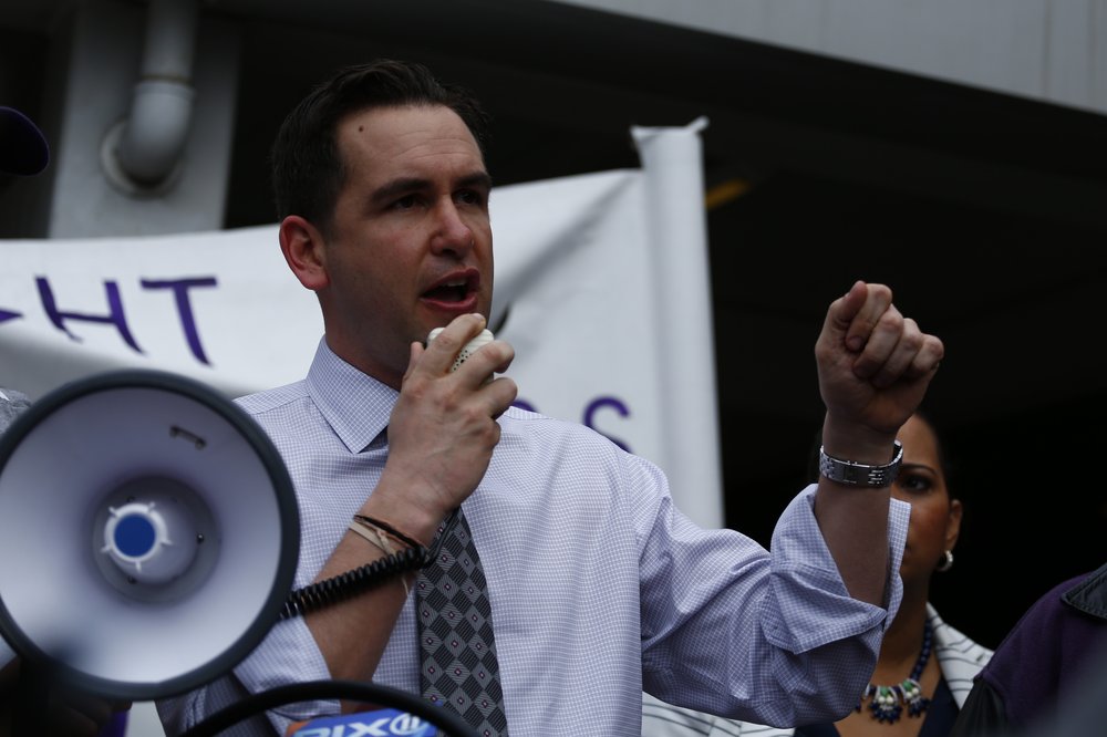 Jersey City Mayor Steve Fulop speaking at a rally.