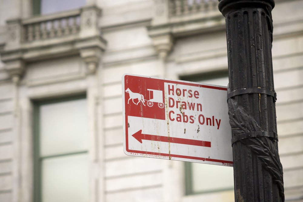A parking regulation sign on Central Park South in New York of Friday, January 22, 2016 relegates the area to horse-drawn carriages.