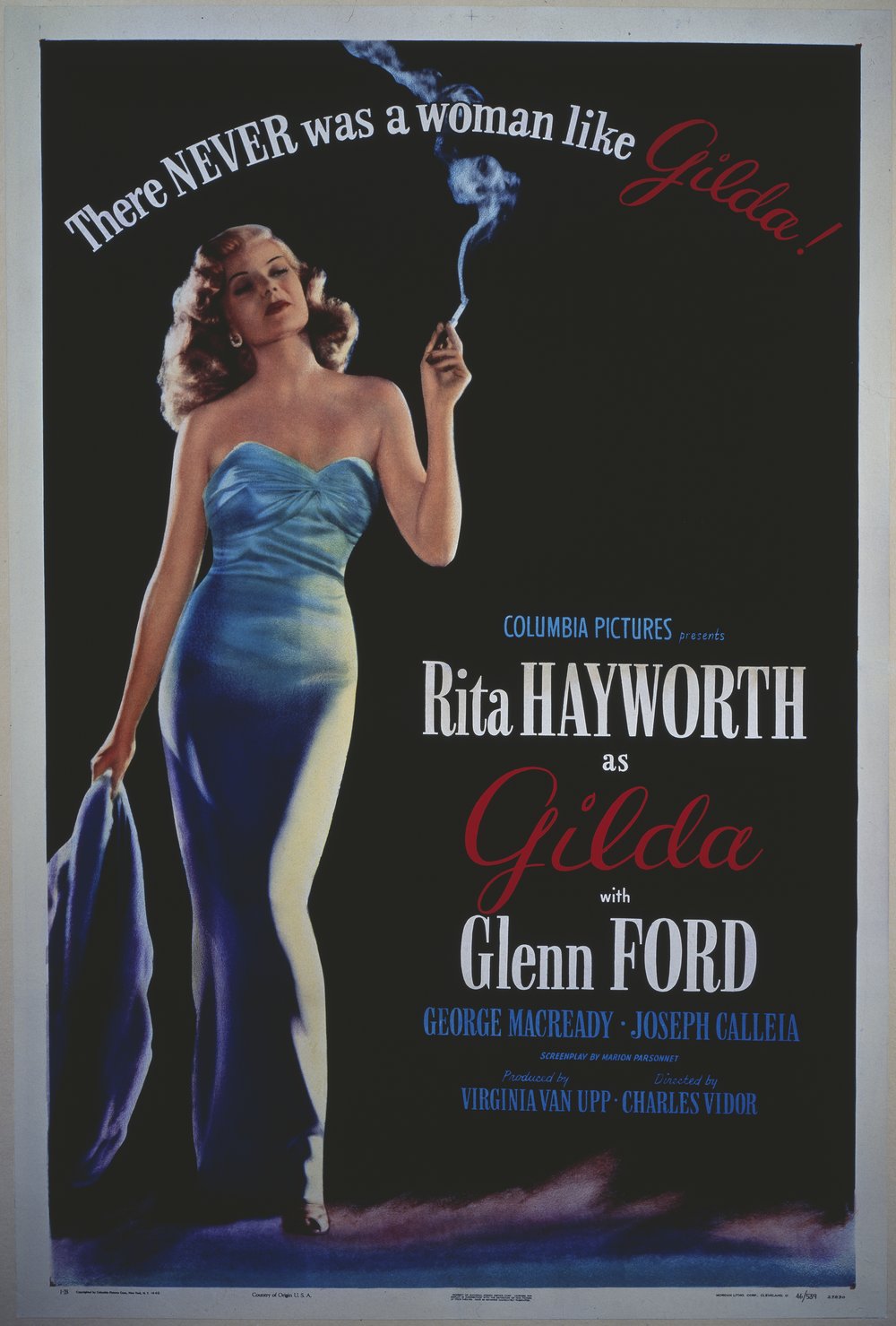 A vintage movie poster that features a woman smoking a long cigarette, and reads "Columbia Pictures presents Rite Hayworth as Gilda..."