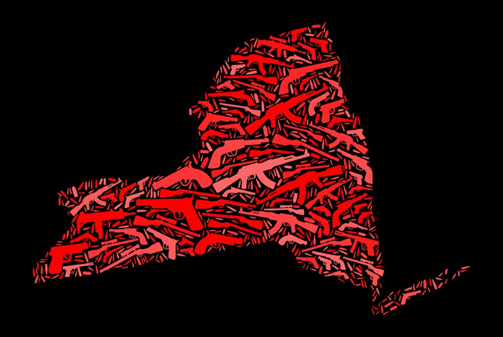 An illustration depicting the state of new york made up of guns