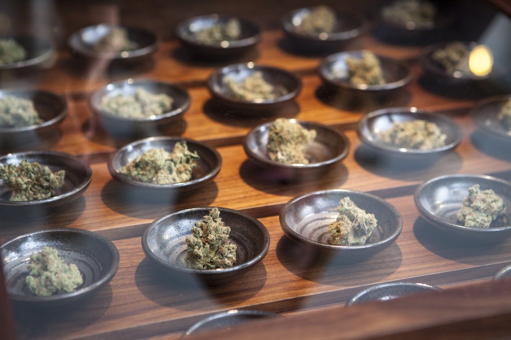 Several marijuana products in a dispensary.
