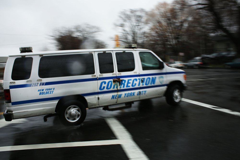 A corrections van enters Rikers Island on March 31, 2017 in New York City.