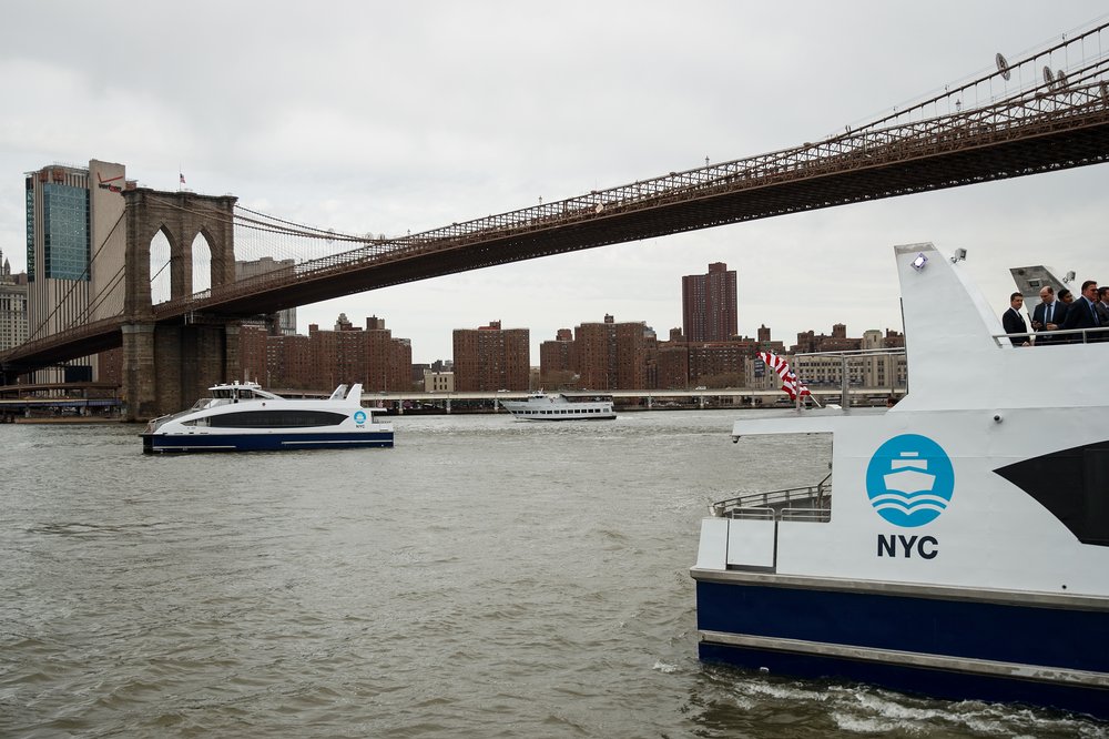 A view of two new NYC Ferry boat as seen from Brooklyn Bridge Park during a dedication ceremony, April 17, 2017 in New York City.