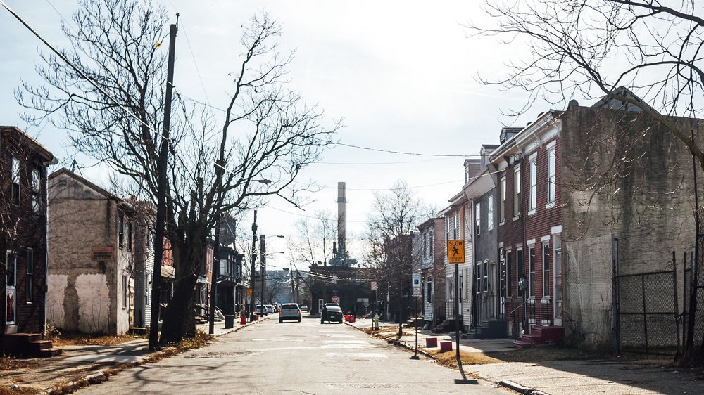 Townhouses line a street in Camden, New Jersey.