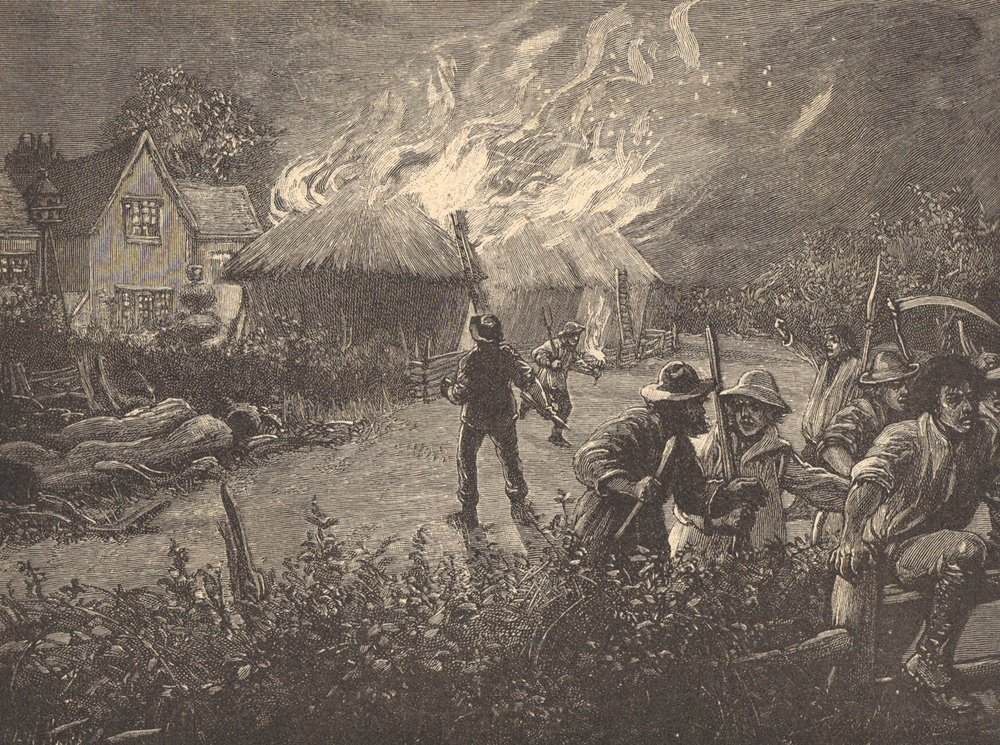A 19th century engraving of Luddites destroying agricultural machinery.