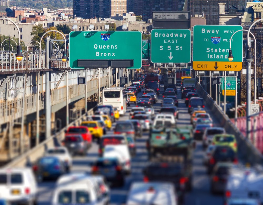 Rush hour traffic jam on the Williamsburg Bridge in Brooklyn.