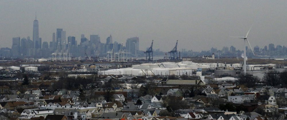 A view of a wind turbine is seen from Bayonne Bridge as the New York City Skyline is seen on the background on February 01, 2018 in Bayonne, New Jersey.