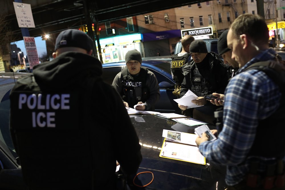 U.S. Immigration and Customs Enforcement (ICE) officers prepare for morning operations to arrest undocumented immigrants on April 11, 2018 in New York City. New York is considered a "sanctuary city" for undocumented immigrants, and ICE receives little or no cooperation from local law enforcement.