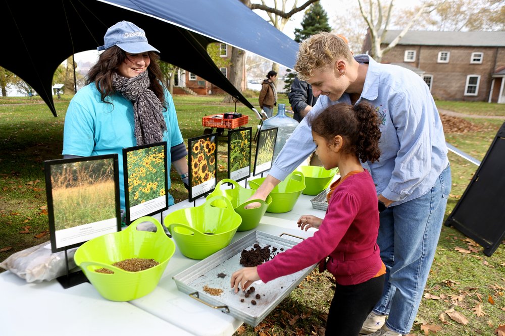 A young girl stands at a table exhibit on Governors Island featuring bowls of seeds.