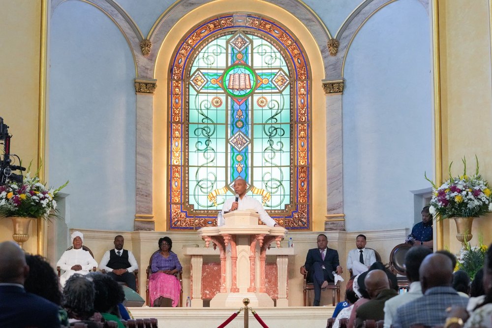 Mayor Eric Adams speaks at an Easter Sunday service at the Temple of Restoration in Brooklyn.