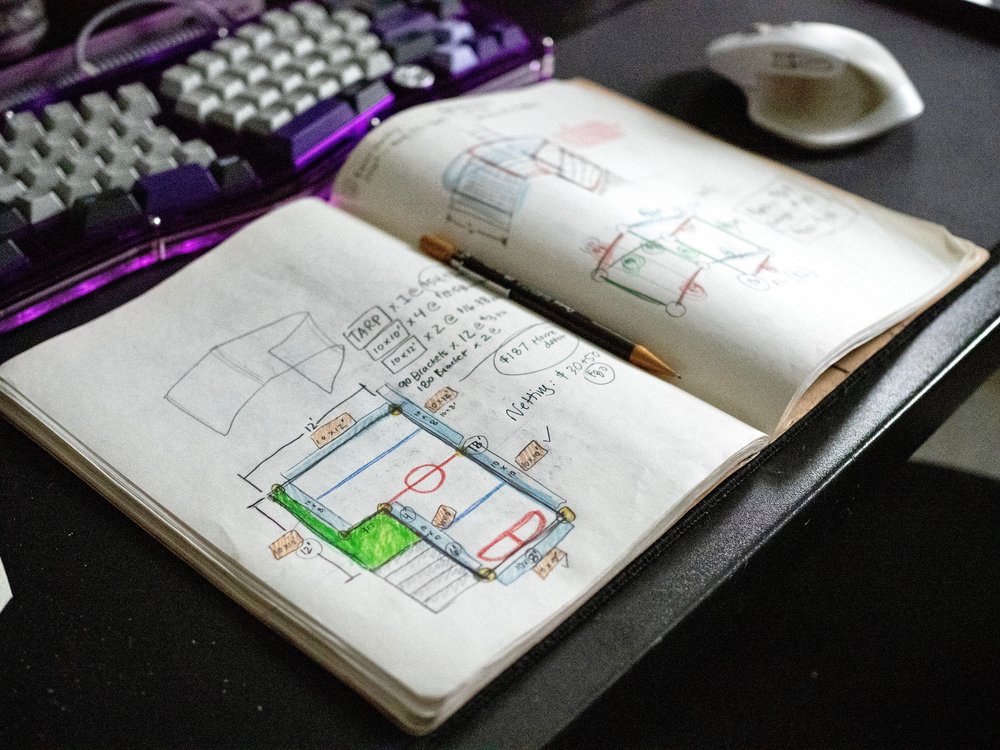 Santaguida sketched out his hockey rink idea before building it in his Ridgewood backyard.