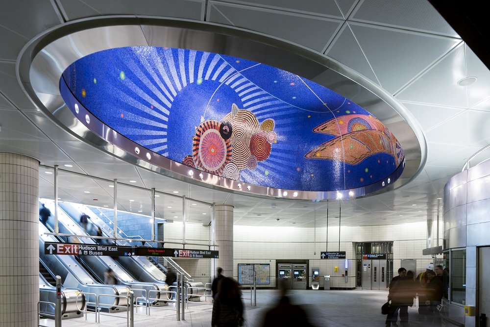 A photo of Funktional Vibrations (2015) © Xenobia Bailey, NYCT 34th Street–Hudson Yards Station. Commissioned by Metropolitan Transportation Authority Arts & Design.