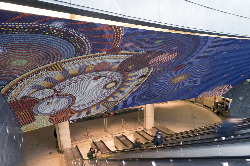 A photo of Funktional Vibrations (2015) © Xenobia Bailey, NYCT 34th Street–Hudson Yards Station. Commissioned by Metropolitan Transportation Authority Arts & Design.
