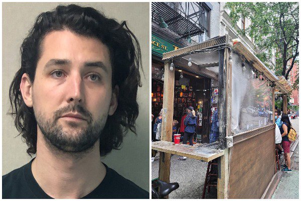Ganzer (left) and the aftermath of a fire he allegedly set at Prince Street Pizza (right)