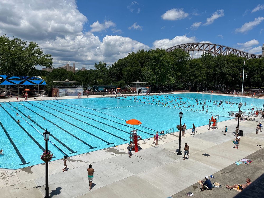 A photo of the Olympic-sizes Astoria Pool the day it reopened for the summer on June 27, 2024. Half of the water is roped off.