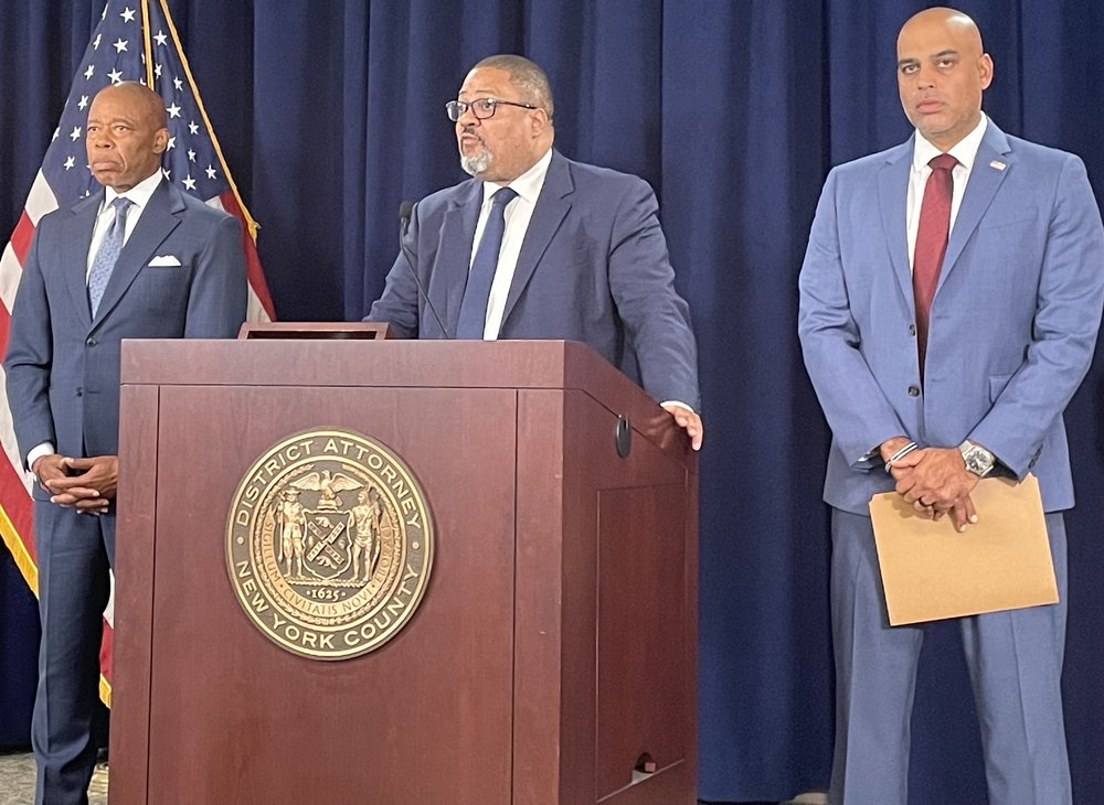 Manhattan District Attorney Alvin Bragg speaks at a press conference announcing charges in the shooting of an off-duty Border Patrol officer.
