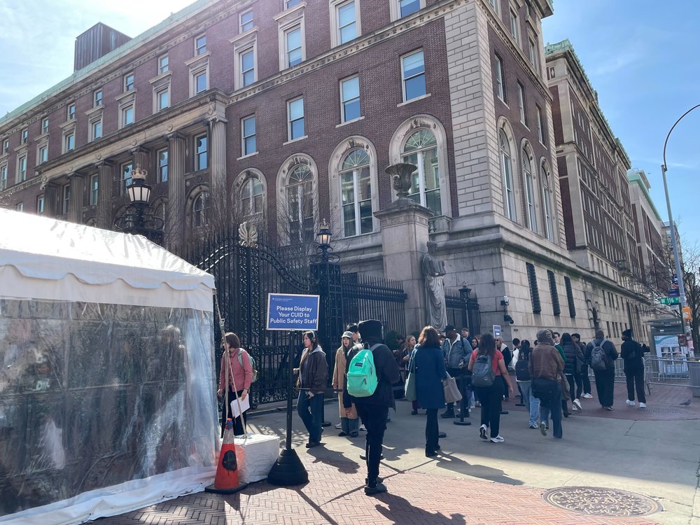 Students line up to go through security at Columbia University's campus in Morningside Heights on March 14, 2025.