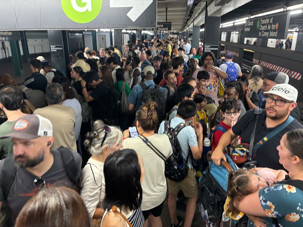 Commuters wait for the train at the Hoyt–Schermerhorn Street station in Brooklyn on July 31, 2025.