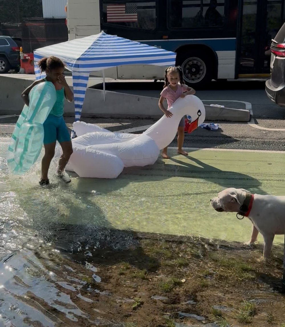 Kids and a dog play in the unofficial splash pad, which covers a bike lane.