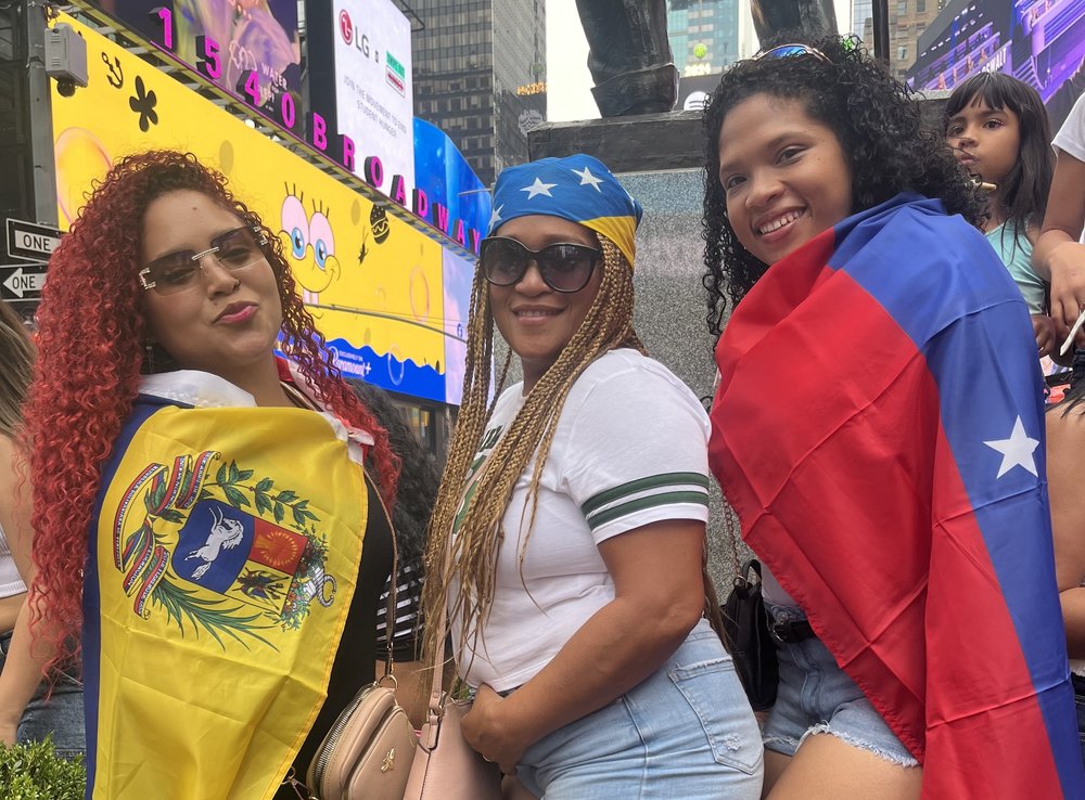 Oriana Martínez, 24 (left), Sandra Martínez, 44 (center), and Jairobis Martínez, 22 (right), celebrated the Venezuelan election in Times Square on July 28, 2024.