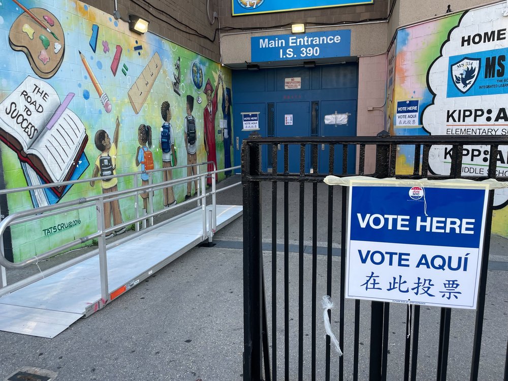 The IS 390 poll site in Crown Heights is seen on June 24, 2025.