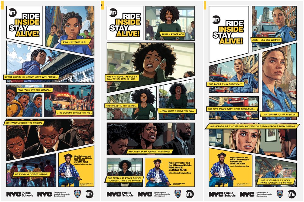 Panels from the MTA’s new “Ride Inside Stay Alive” comic series, part of a campaign to warn teens about the dangers of subway surfing.