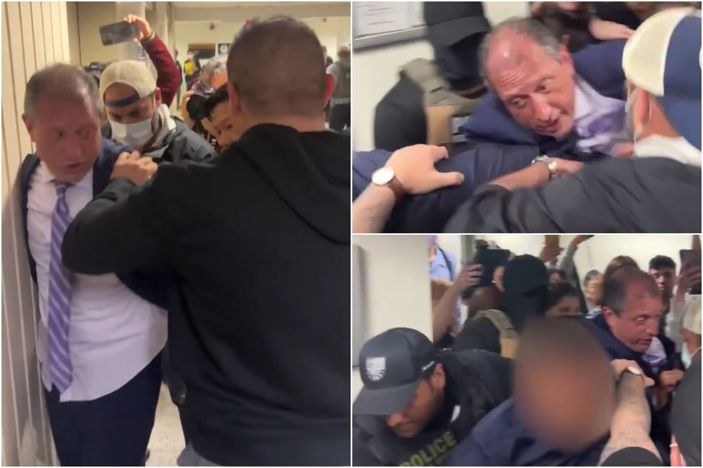 Screenshots of City Comptroller Brad Lander being detained by federal agents at immigration court in Lower Manhattan on June 17, 2025.