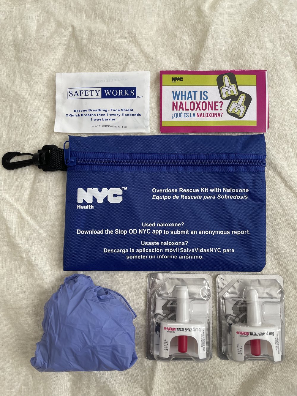 The city’s overdose rescue kits are packed with two Narcan nasal sprays, a foldable information card, two pairs of gloves and a breathing face shield in case CPR needs to be performed.