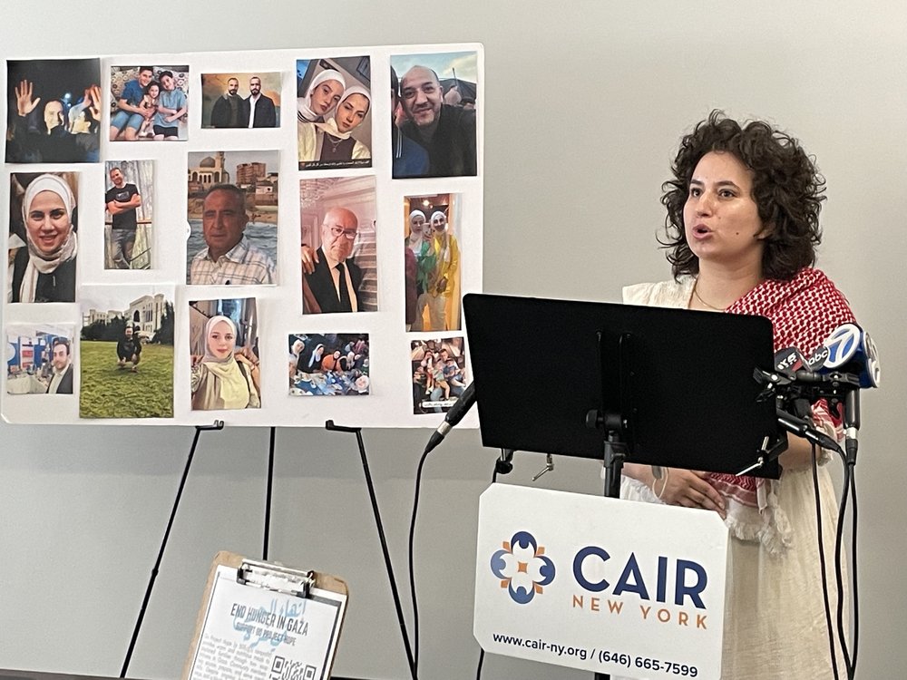 Layla Saliba speaks at a press conference organized by CAIR-NY in Manhattan on Aug. 11, 2025. She said she's lost more than a dozen relatives in Gaza during the war.