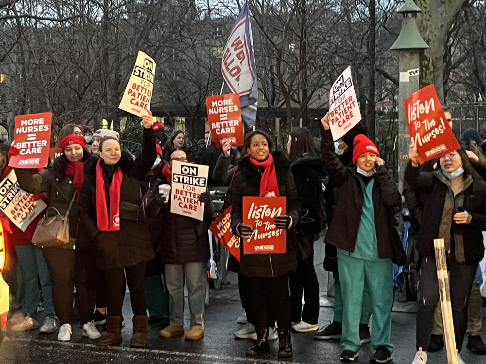 Nurses begin a picket line at Mount Sinai Hospital in Harlem, after a flurry of recent negotiations failed to yield a labor contract at the medical center. Nurses with Montefiore Medical Center are also striking in the Bronx. Photo taken Jan. 9, 2023.
