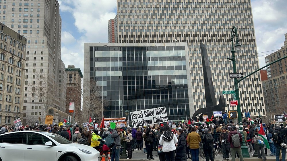 Protesters outside federal court in lower Manhattan Wednesday.