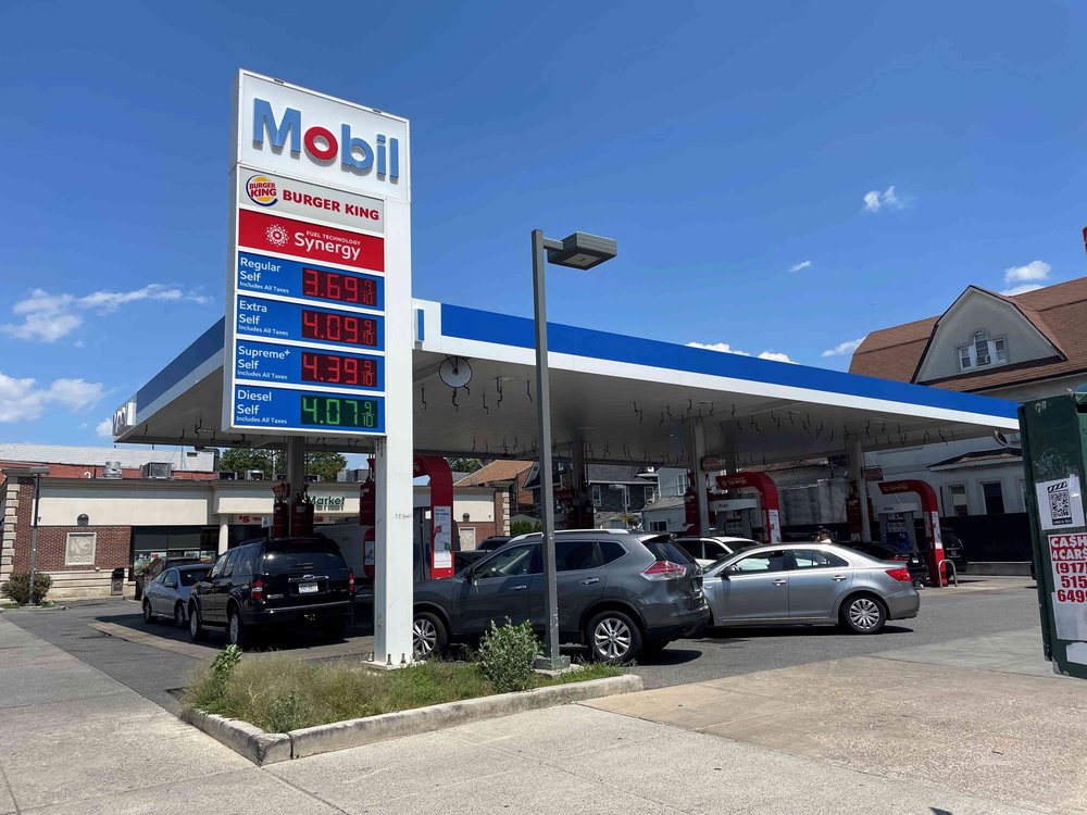 The exterior of a Mobil station